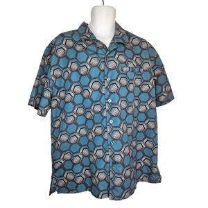 Geometric Modern Retro Short Sleeve Button Down Shirt Blue Abstract Print L